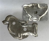 2 tin bird shaped cookie cutters ca. 1870-1910;