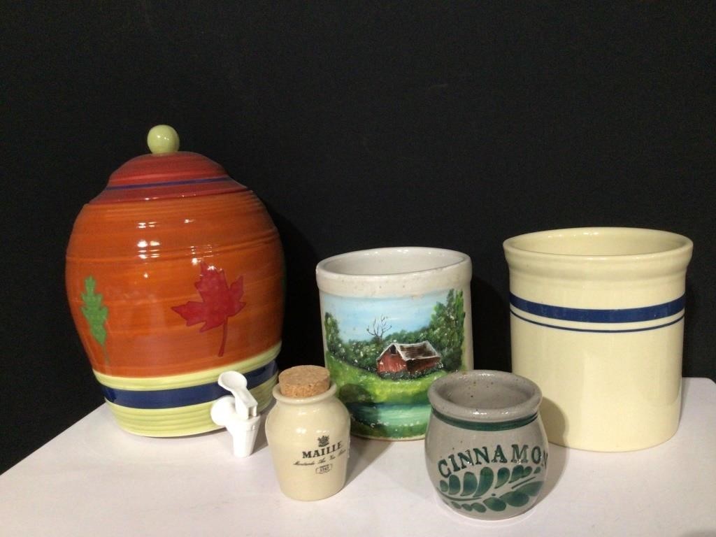 Ceramic Water Jar, 2 Roseville Crocks ,2 Pottery