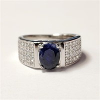 $910 Silver Sapphire(2.6ct) CZ(2.4ct) Ring