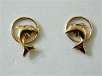 14K 14 Karat Yellow Gold Dolphins Earrings