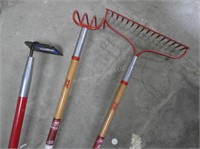 3 garden tools, hoe, rake, and cultivator - new
