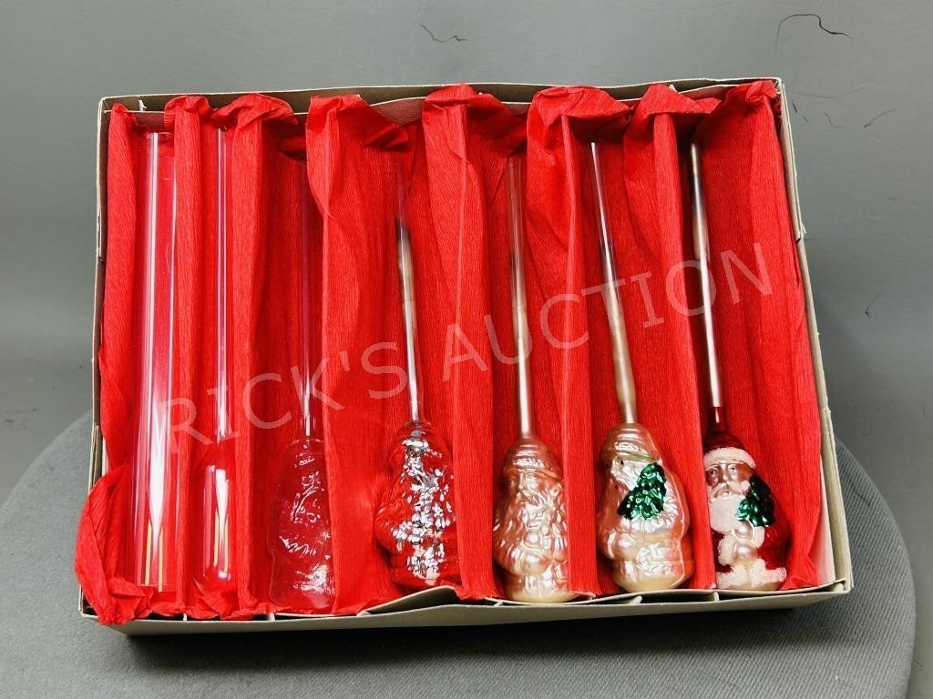 set of 5 unique glass Santa ornaments