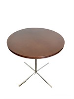 BERNHARDT ROUND END TABLE. Tan wood/ metal legs