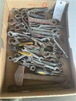 Flat of wrenches, hammer, screw drivers