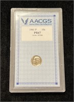 1961 Proof Roosevelt Dime in AACGS Holder