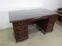 Large, Worn Glass-Top Desk w/ 7 Drawers