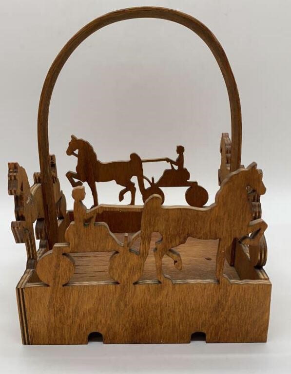 Vintage Hand Made Wooden Basket w/ Horse & Buggy