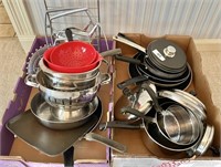 2 flats of pots and pans, colanders, etc.