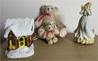 Lighted Cottage, Music Box, & Teddy Bears
