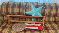 Metal turquoise star, cedar wood shelf, flag,