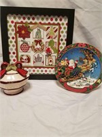 Christmas frame, covered dish and light up santa