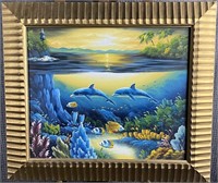 Dolphins Seascape Oil On Canvas