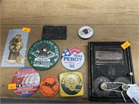 Political buttons and brass P.O. Box, double