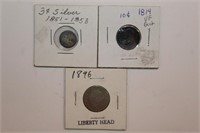 3pc Coin lot;  3 Cent Silver Coins, 1896 Nickel,