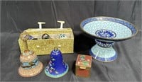 Group of cloisonné bells, compote, stamp box all