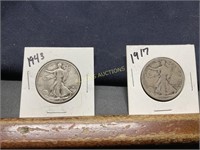 1943 AND 1917 WALKING LIBERTY HALF DOLLARS
