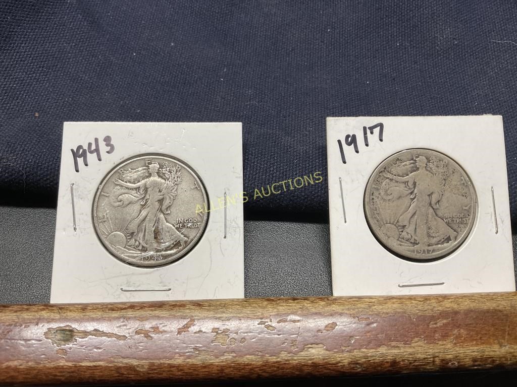 1943 AND 1917 WALKING LIBERTY HALF DOLLARS