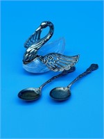 3 Silver Plate Items , Swan Salt & Spoons