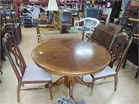 >Round Wood Pedestal Table & 2 Chairs