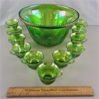 Indiana Glass Green Iridescent Punch Bowl & Cups