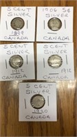 5 Silver 5 cent Canadian coins. 1899, 1906, 1912,
