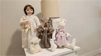 Bisque Head Doll & Stuffed Bunnies & Floxy Sheep