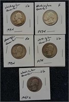 5 Washington silver quarters