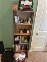 6 foot bookshelf and contents, office supplies,