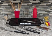 CAST IRON GRILLING PAN, UTENSILS AND OTHER BBQ UTE