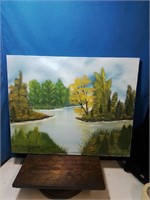 Oil on canvas small lake with trees 16 by 20