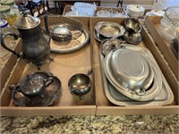 2 Boxes Silver Plate Serving Pieces, Trays,