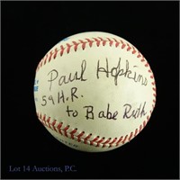 Paul Hopkins 59 HR to Babe Ruth Signed Baseball