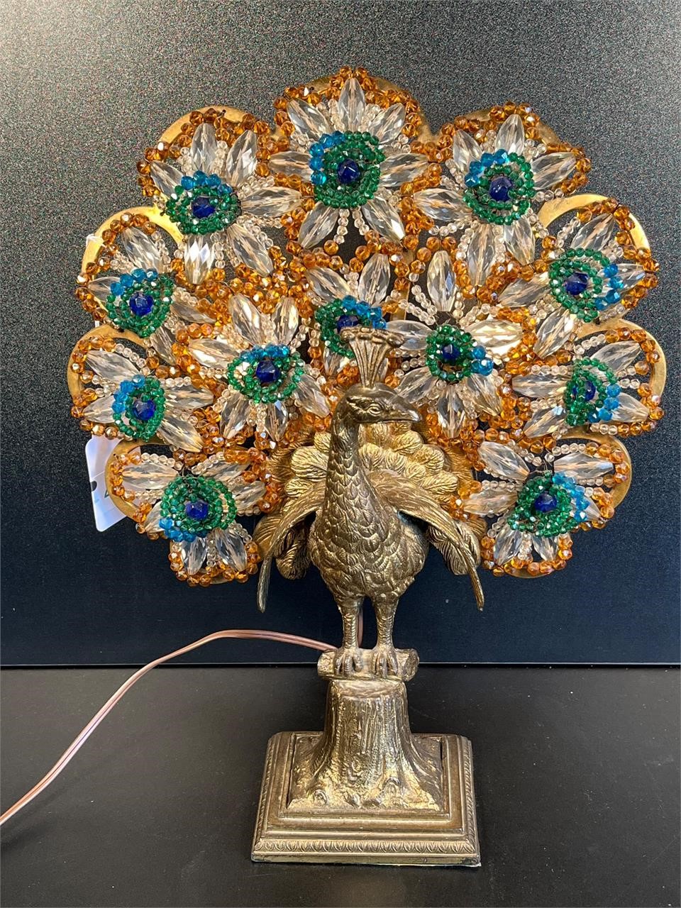 1920's Art Deco Czech Crystal Beads Peacock Lamp