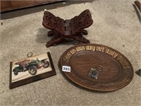 WOOD TRAY, TEAK STAND, CAR PLAQUE