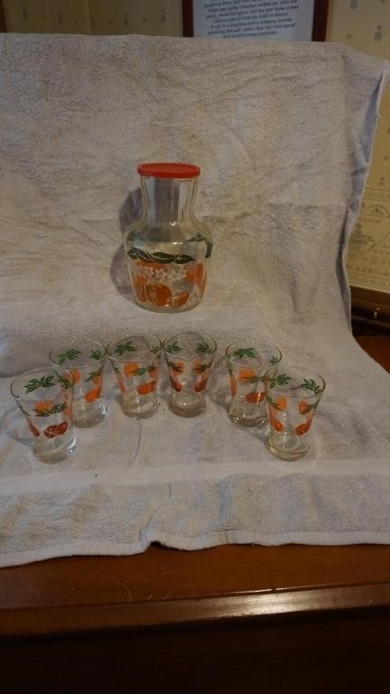 Vintage Orange Juice Container with Six Glasses