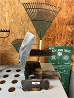 GROUP OF LAWN AND GARDEN TOOLS, AXE, MISC