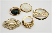 5-VINTAGE GOLD TONED BROOCHES: (1)14K GF