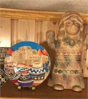Large Fired Clay Statue & Plate