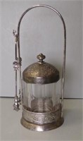 American silver plate and glass pickle jar