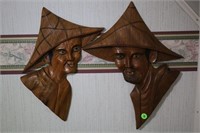 PAIR OF ORIENTAL HAND CARVED WALL ART DECOR - 15"