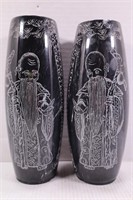 PAIR OF ORIENTAL CARVED MARBLE VASES - 10" TALL -