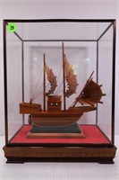 ORIENTAL HAND MADE WOOD SHIP IN GLASS DISPLAY CASE