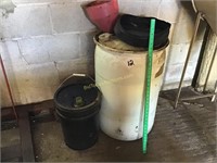 barrel of waste oil, funnel, drain pan