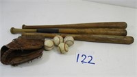 Vintage Baseball Bats Mitt and balls