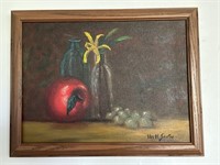 Still life painting on canvas w/ bottles & fruit
