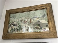 Framed folksy winter scene on fabric approx