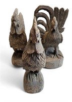 Lot: 3 Folk Art Style Carved Wood Roosters.