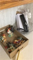 Ceramic roosters, glass bowl and more