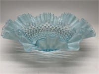 Vtg Fenton Hobnail Ruffled Blue Glass Bowl