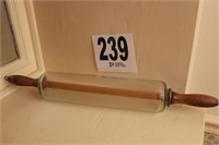 GLASS ROLLING PIN W/ WOODEN HANDLES & CENTER